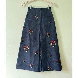 Mehtap Elaidi Rose Embroidered Denim Midi Skirt